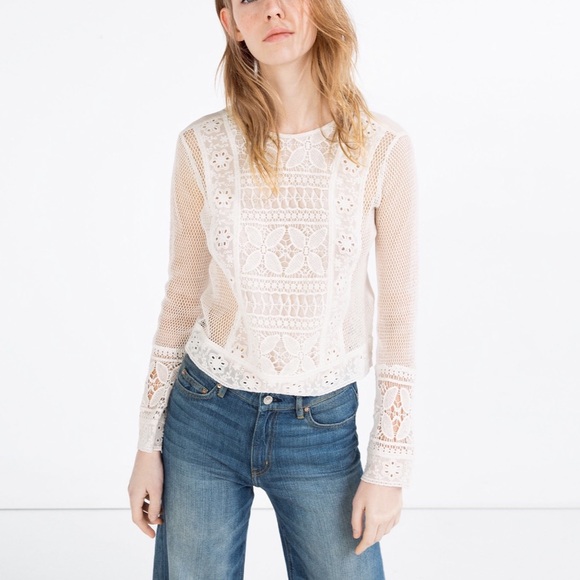 Zara open work embroidery crochet lace mesh top - Picture 2 of 6